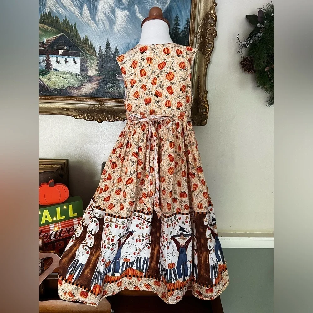 🎃 Girls Handmade Halloween Scarecrow Pumpkin Patch Sleeveless Dress
